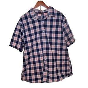 Amazon Essentials Men's XXL Plaid Button Down Navy Orange Slim Fit Short Sleeve